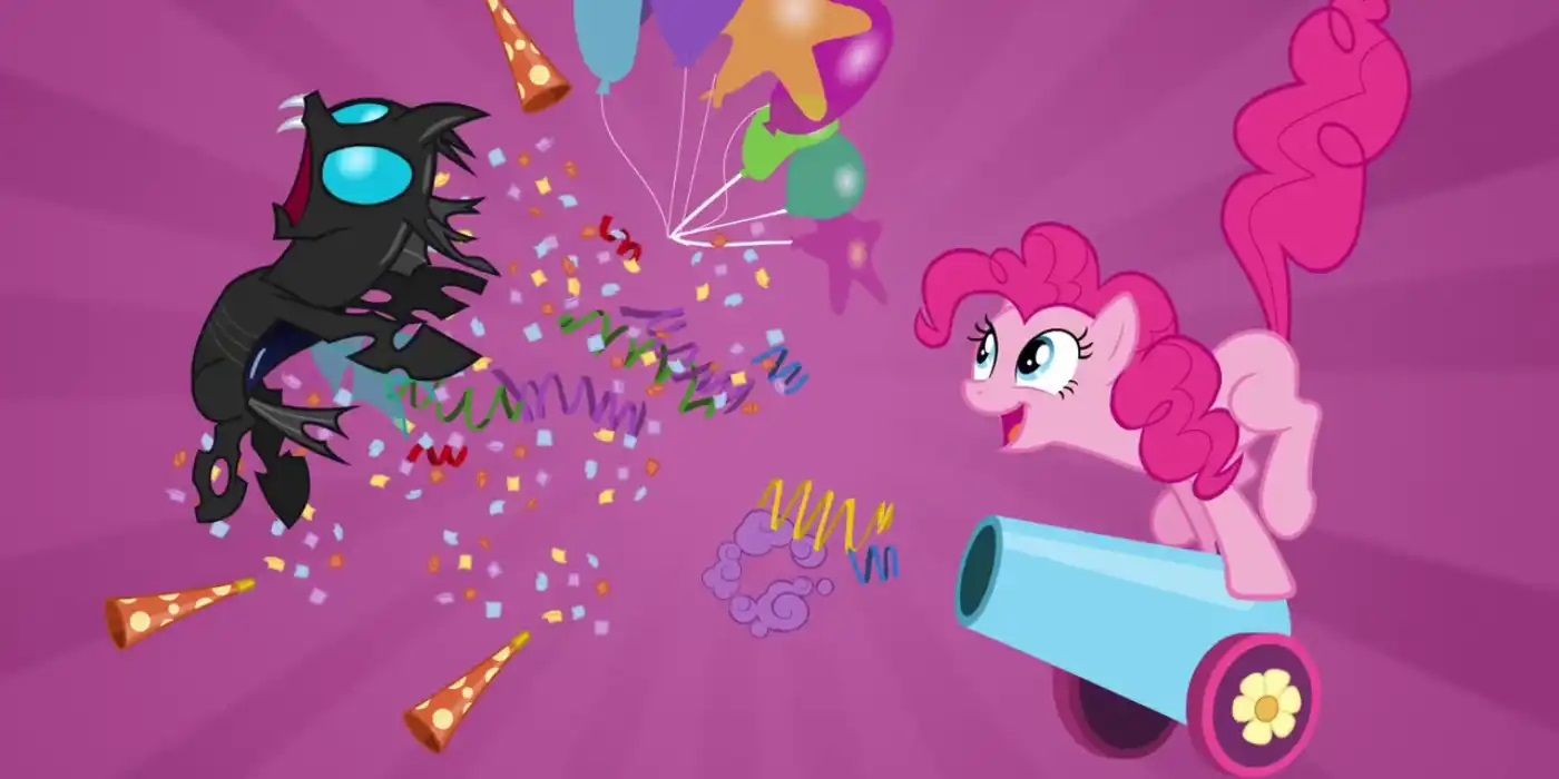 Pinkie Pie uses her party cannon on a changeling