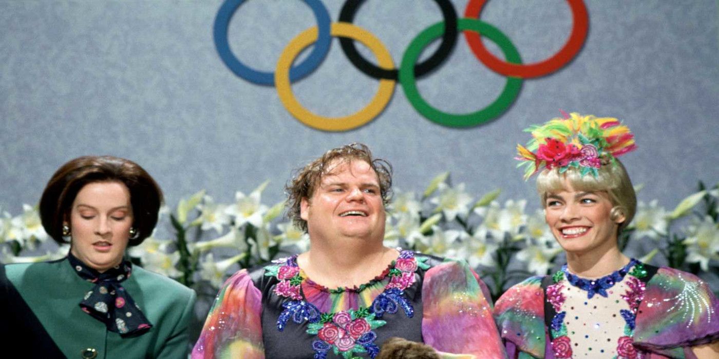 Nancy Kerrigan stars in an ice skating sketch with Chris Farley on Saturday Night Live