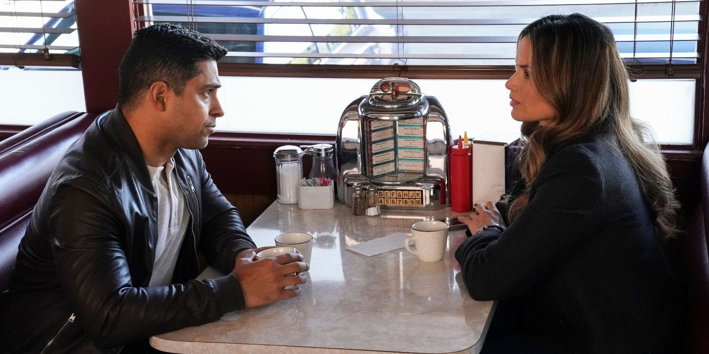 Nick Torres (Wilmer Valderrama) sitting across from Jessica Knight (Katrina Law) at a restaurant in NCIS