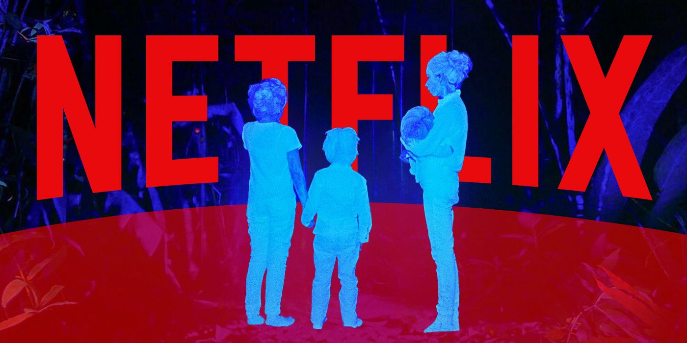 Blue silhouettes of three children, one holding a baby, in front of the Netflix logo.