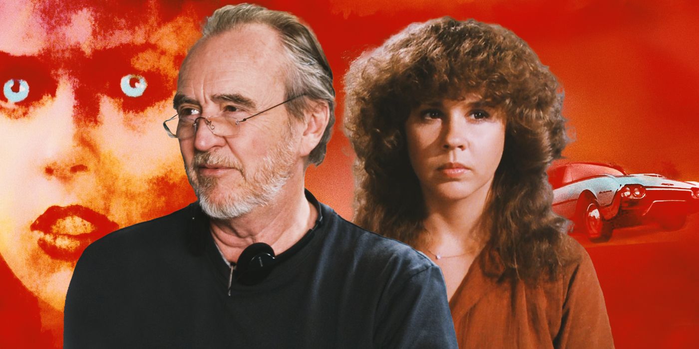 Director Wes Craven next to Linda Blair as Rachel in Summer of Fear, against a red vampiric background.