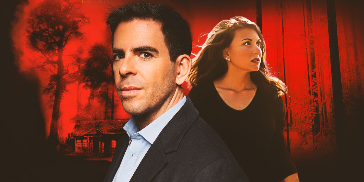 Director Eli Roth stands in front of actor Cerina Vincent as Marcy, with the poster for Cabin Fever in the background.