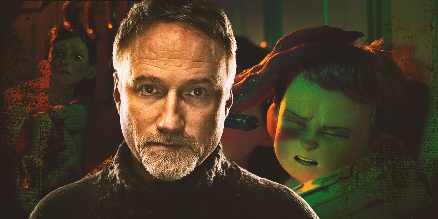 Director David Fincher stands in front of two children from the show Love, Death + Robots.