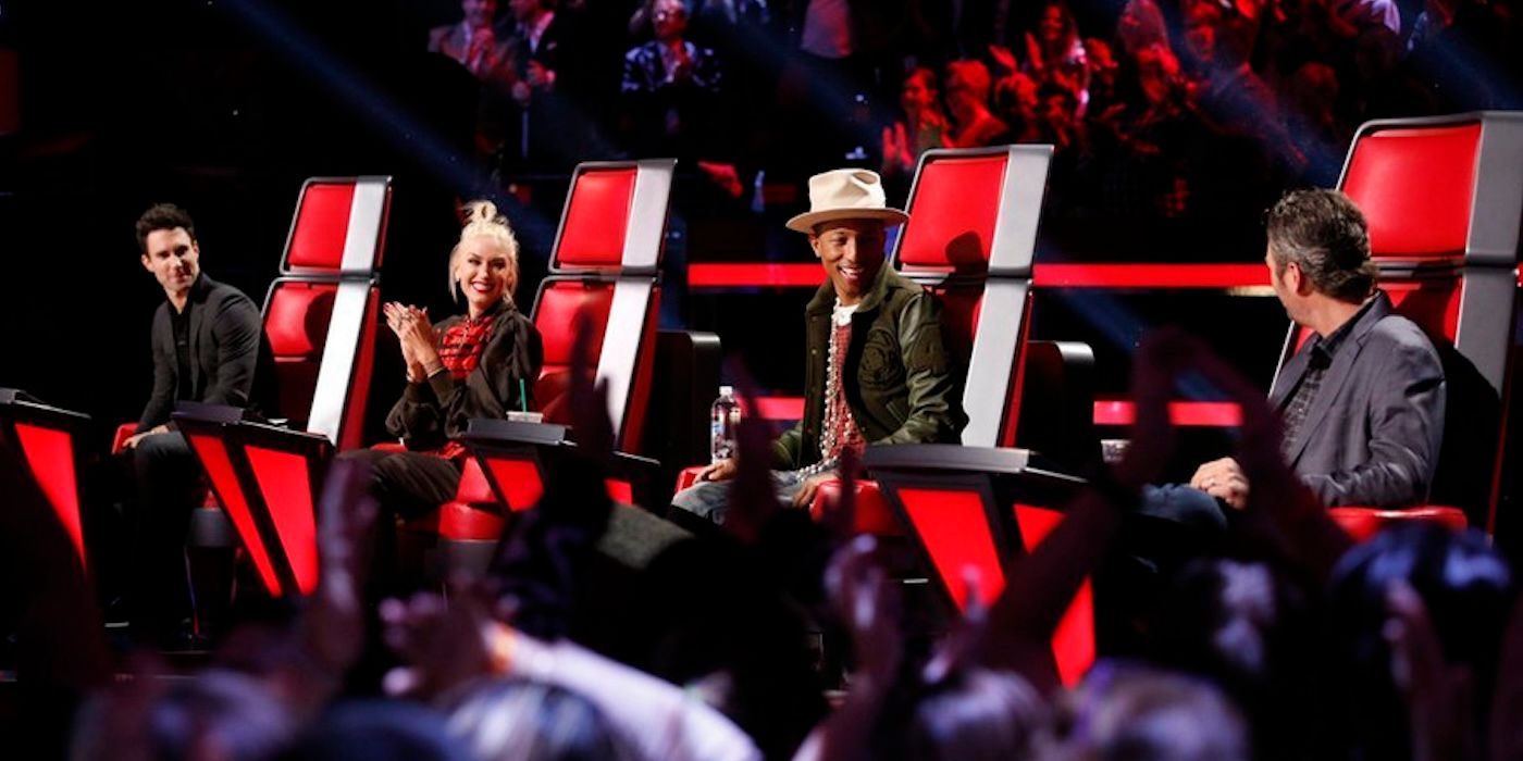 Adam, Gwen, Pharrell and Blake talking in their judging chairs on The Voice