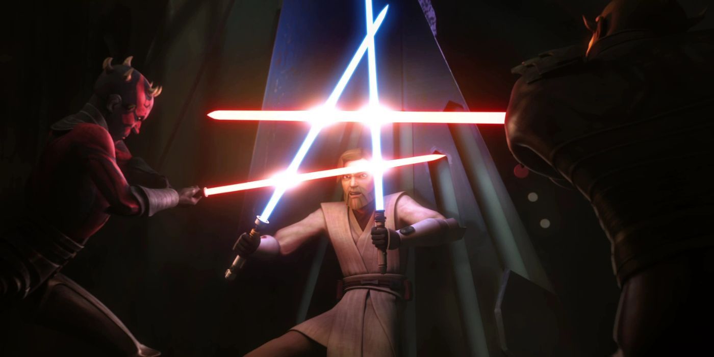 Obi-Wan vs Darth Maul and Savage Opress in Star Wars: The Clone Wars.