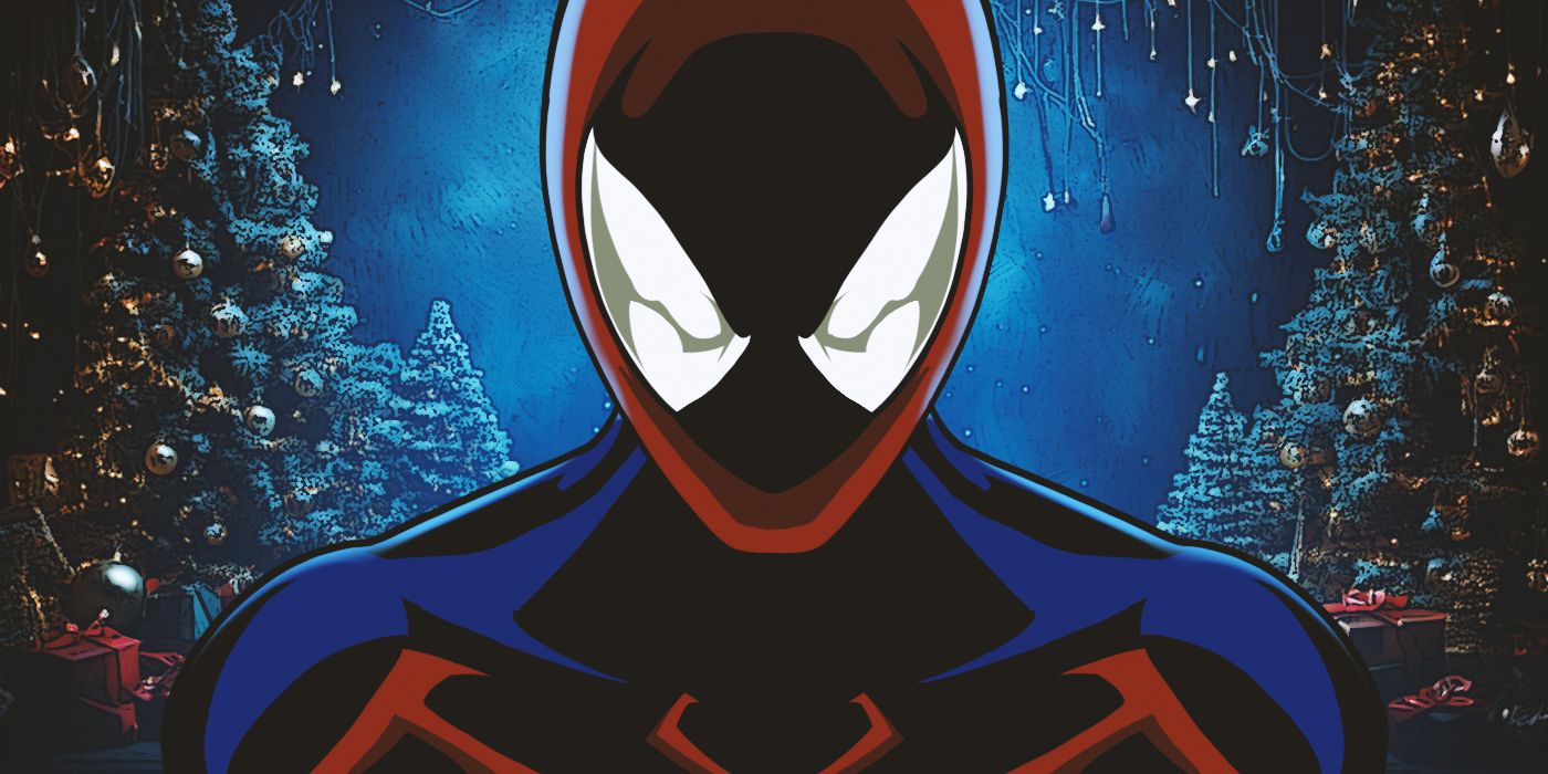 Spider-man Unlimited with snowy Christmas trees in the background