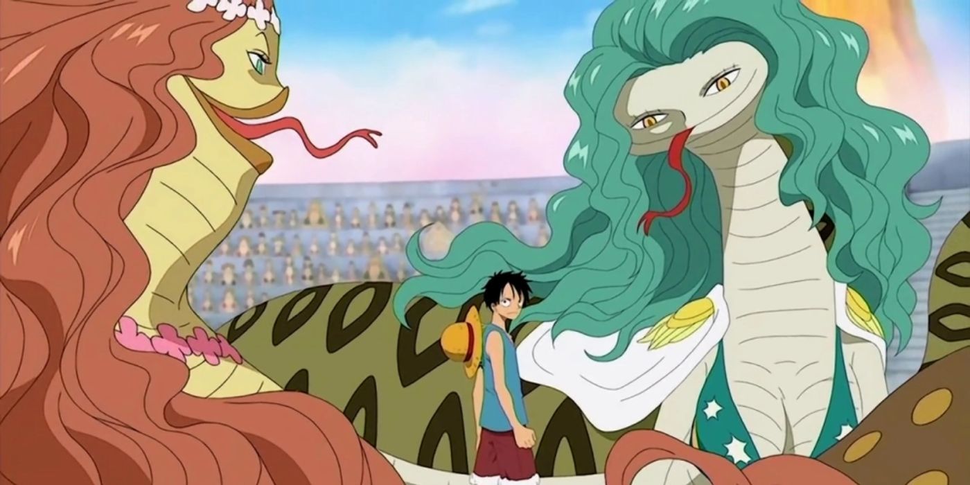 Luffy surrounded by two snake women in Amazon Lily from One Piece