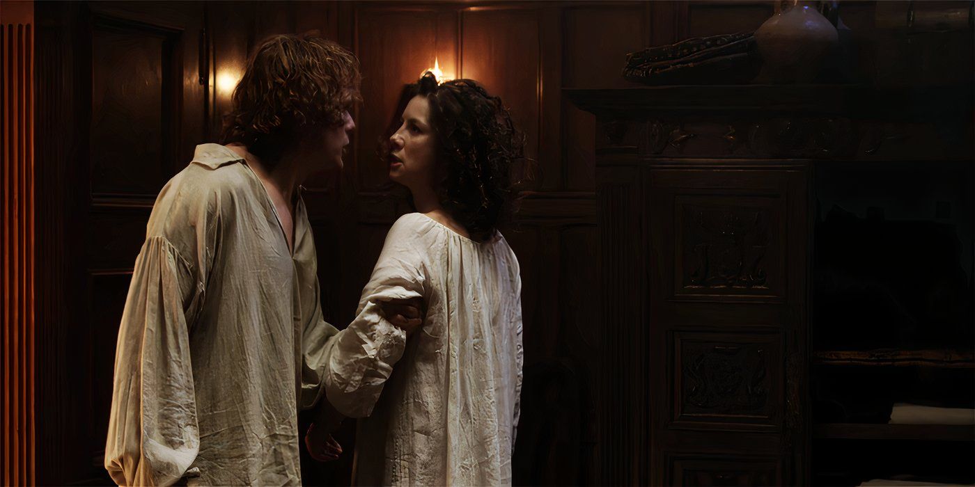 Outlander Season 3, Episode 8, Jamie and Claire argue in nightwear. 