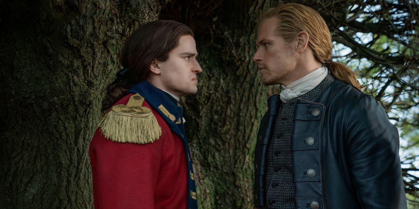 Sam Heughan and Charles Vandervaart glaring at each other