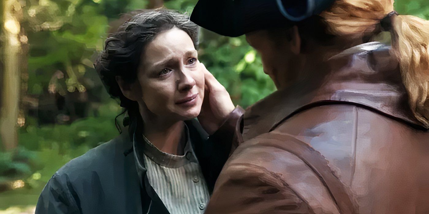 Outlander Season 7 ,Episode 3, Claire stares at Jamie tearfully, worried about their return