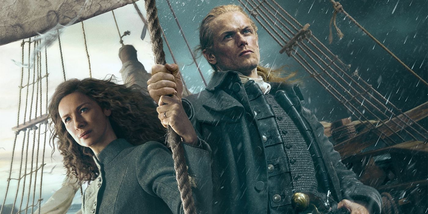 Caitriona Balfe with Sam Heughan holding onto a rope on a ship on the poster for Season 7 Pt 2 of Outlander