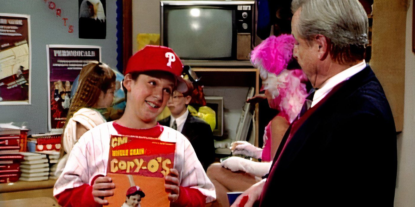 Cory shows a box of Cory-O&rsquo;s to Mr. Feeney on &lsquo;Boy Meets World&rsquo;.
