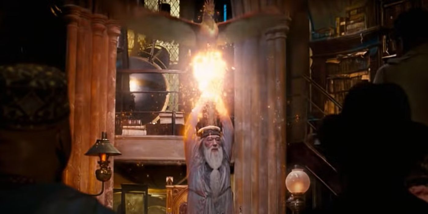 Dumbledore hangs onto a firey bird in Harry Potter and the Order of the Phoenix.