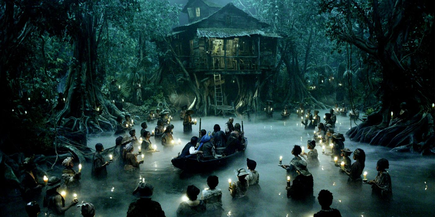 A group of pirates converge at Tia Dalma's hut in Pirates of the Caribbean: Dead Man's Chest