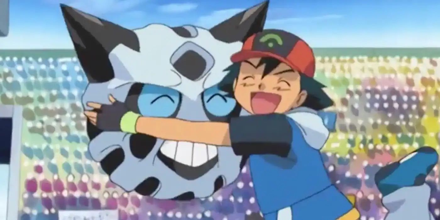 Ash hugging Glalie in the Pokémon anime