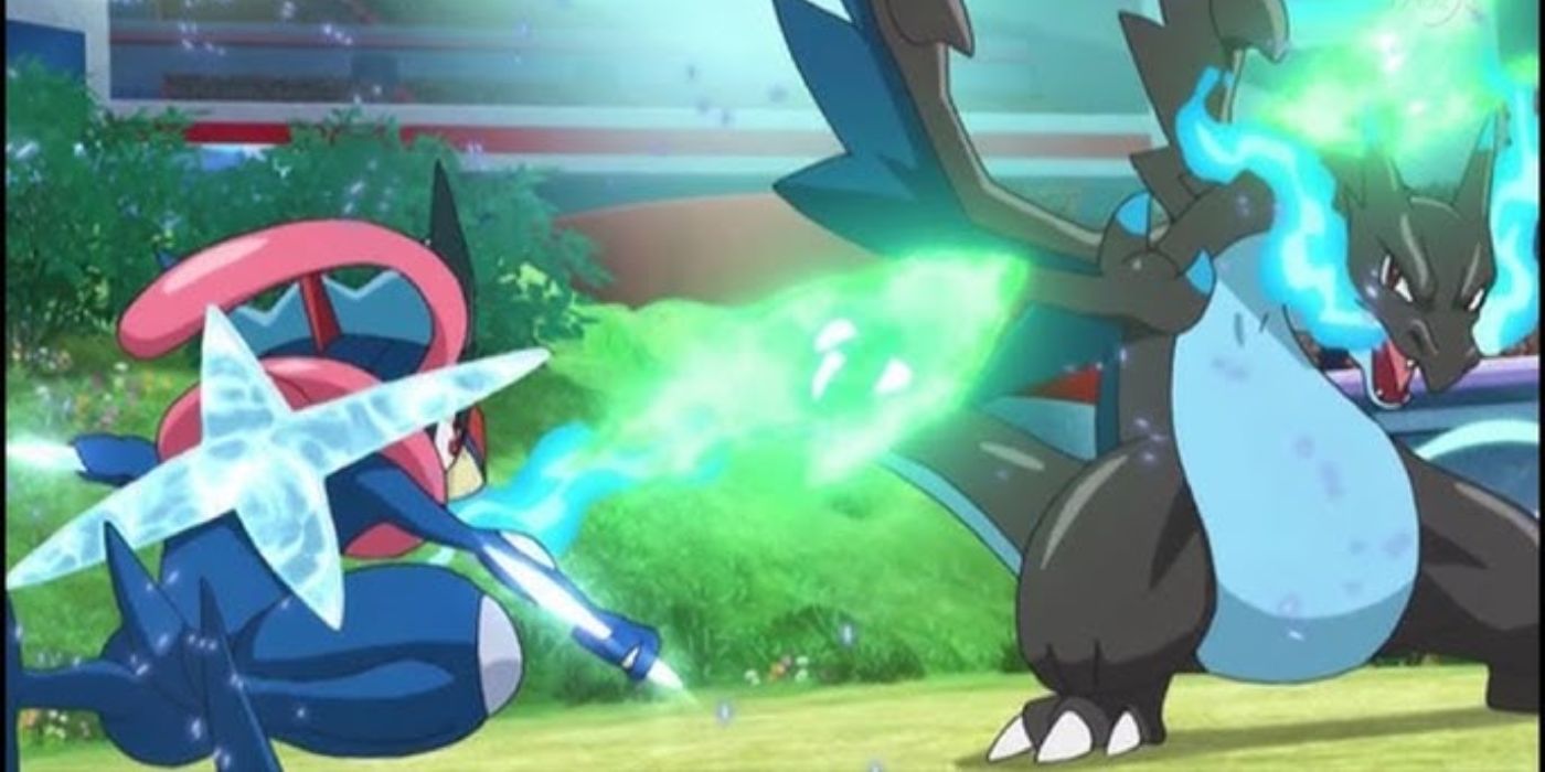 Ash Greninja fighting Mega Charizard X in the Pokémon anime