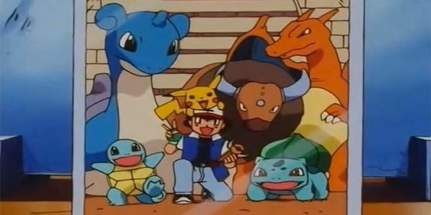 A photograph of Ash posing with his Pokémon team in the Pokémon anime