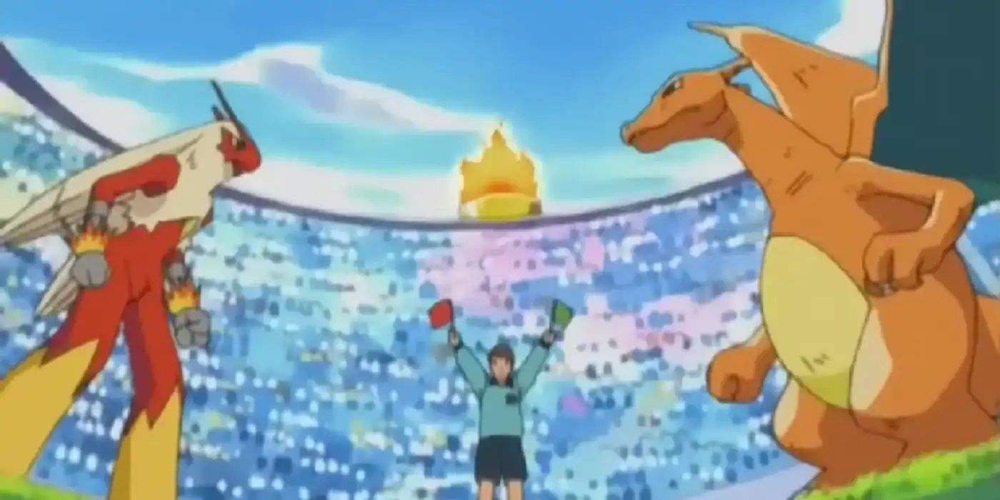 Blaiziken and Charizard facing on the battlefield in the Pokémon anime.