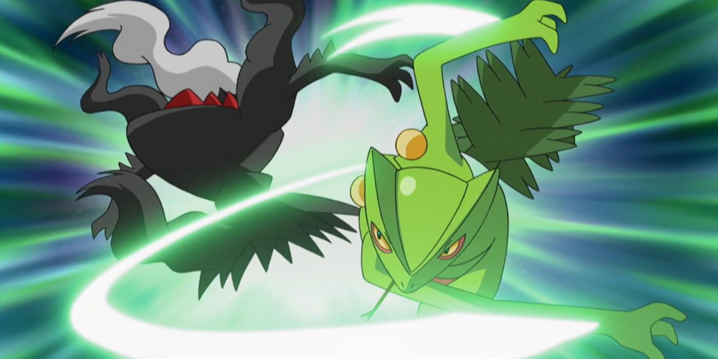 Sceptile attacking Darkrai in the Pokémon anime.