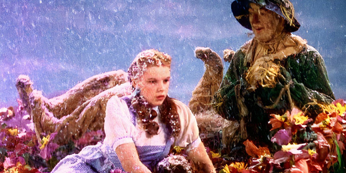Dorothy, the cowardly lion, and the scarecrow lay in popppies covered by snow in The Wizard of Oz.