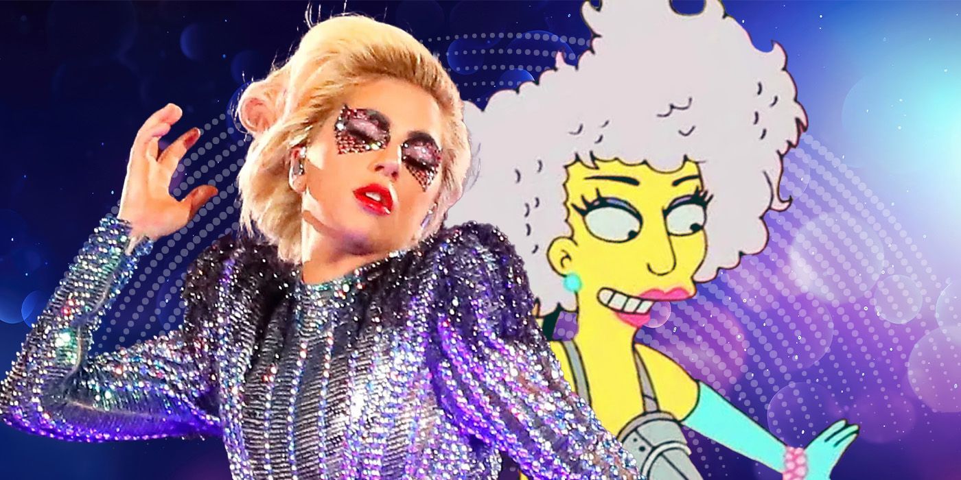 blended image of Lady Gaga performing at the Super Bowl next to her Simpsons character