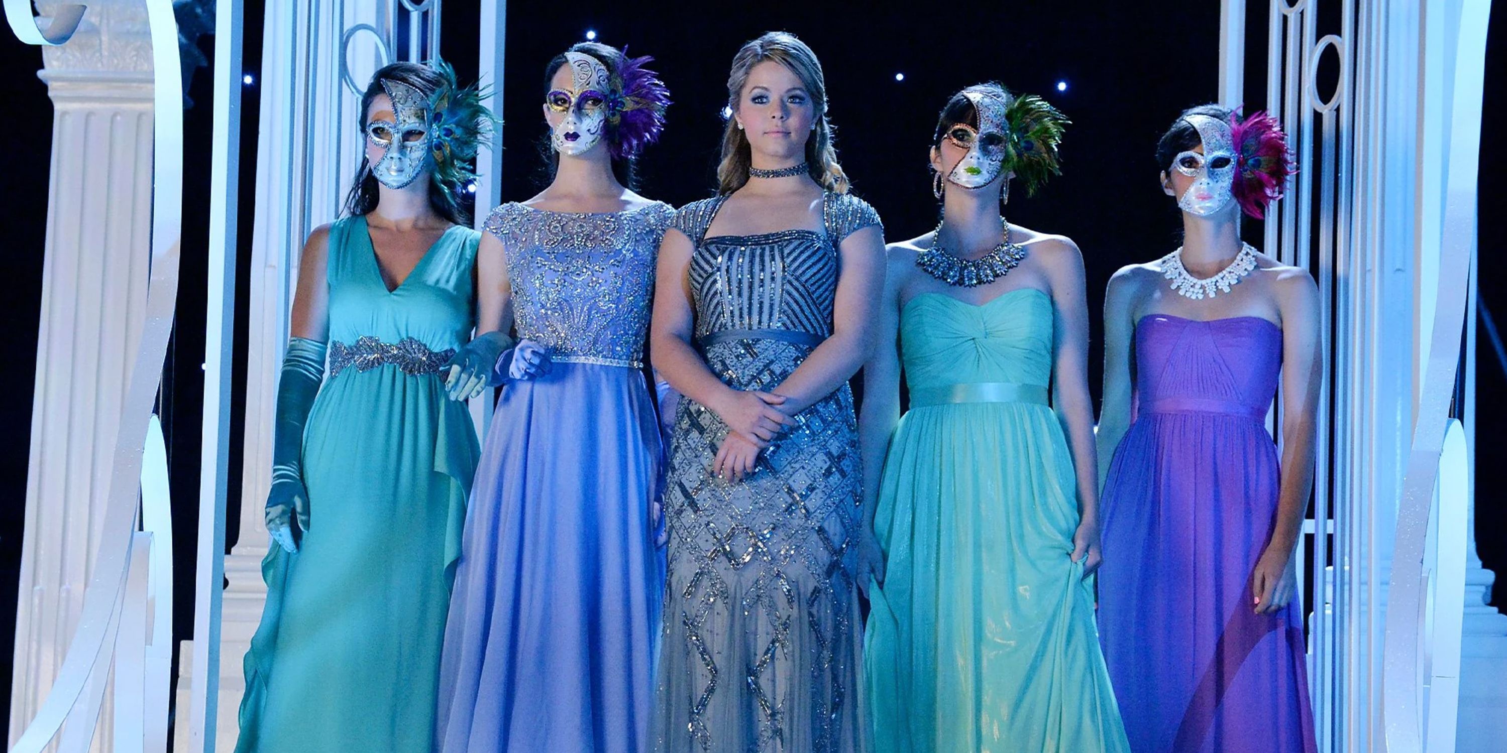 Five girls lineup in ball gowns in 'Pretty Little Liars' Season 5, Episode 13, "How the 'A' Stole Christmas"