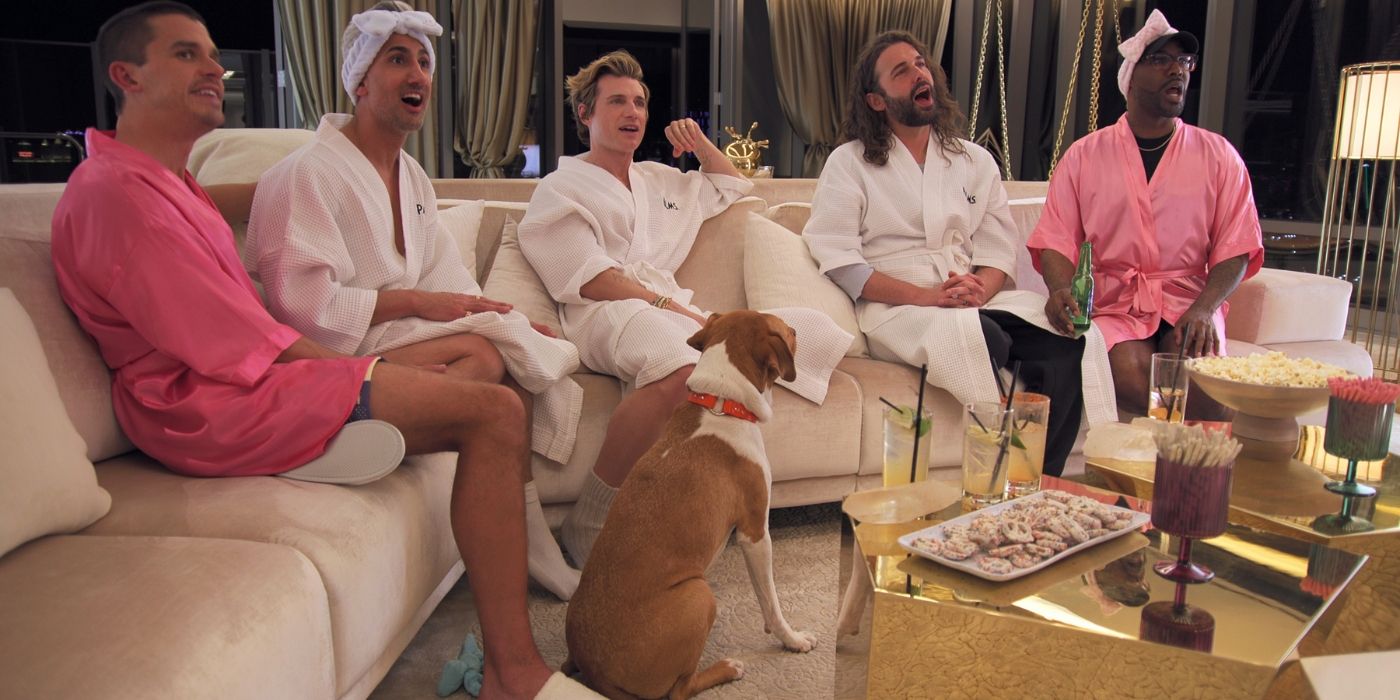 The Fab Five lounge in their robes as they watch their hero on &lsquo;Queer Eye.'