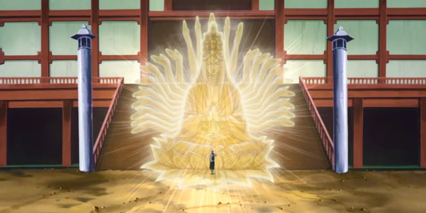 A buddha with many arms behind monk in Naruto.