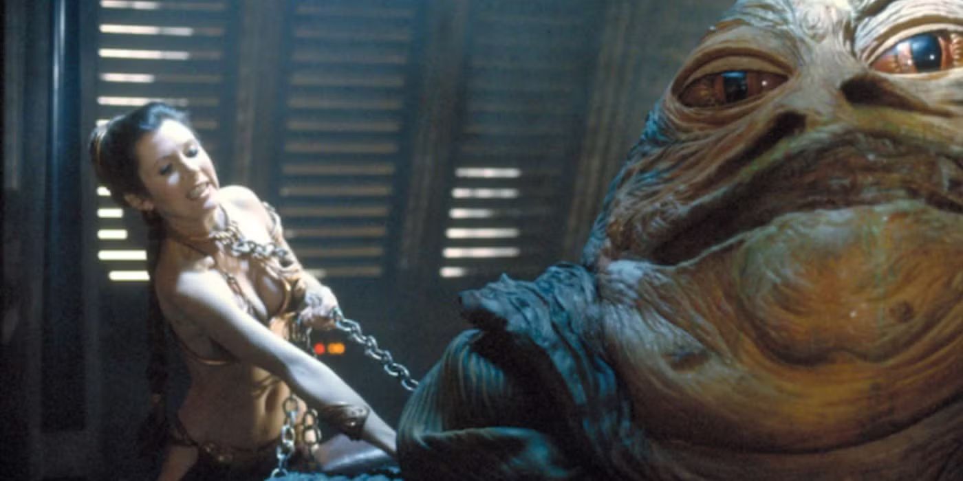 Princess Leia strangles Jabba the Hutt with her chains in 'Episode VI: Return of the Jedi'.