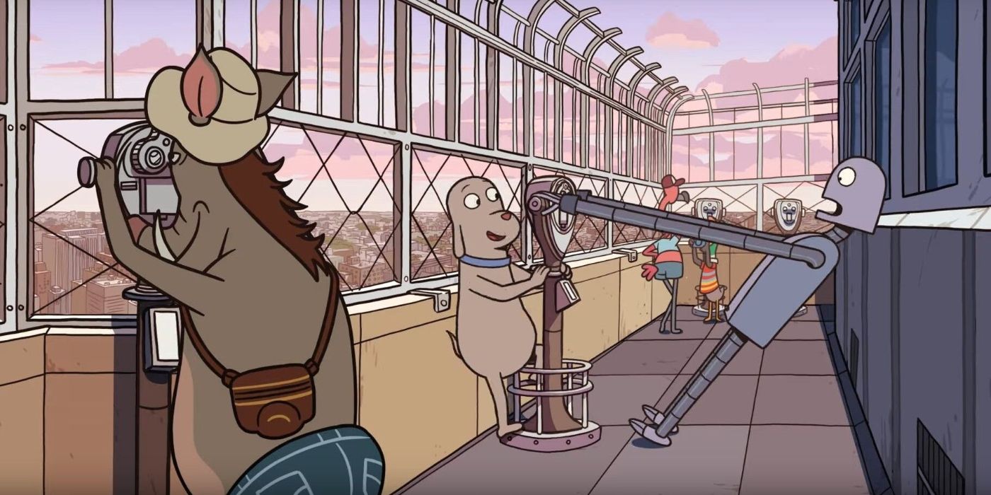 Dog showing Robot a viewfinder on top of a building in Robot Dreams