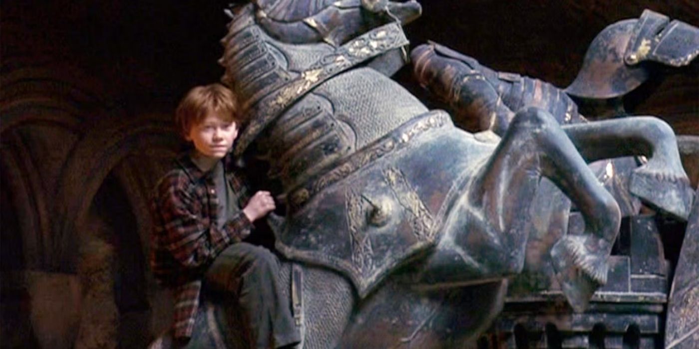 Ron Weasley (Rupert Grint) on the Knight&rsquo;s horse in &lsquo;Harry Potter and the Sorcerer&rsquo;s Stone&rsquo;