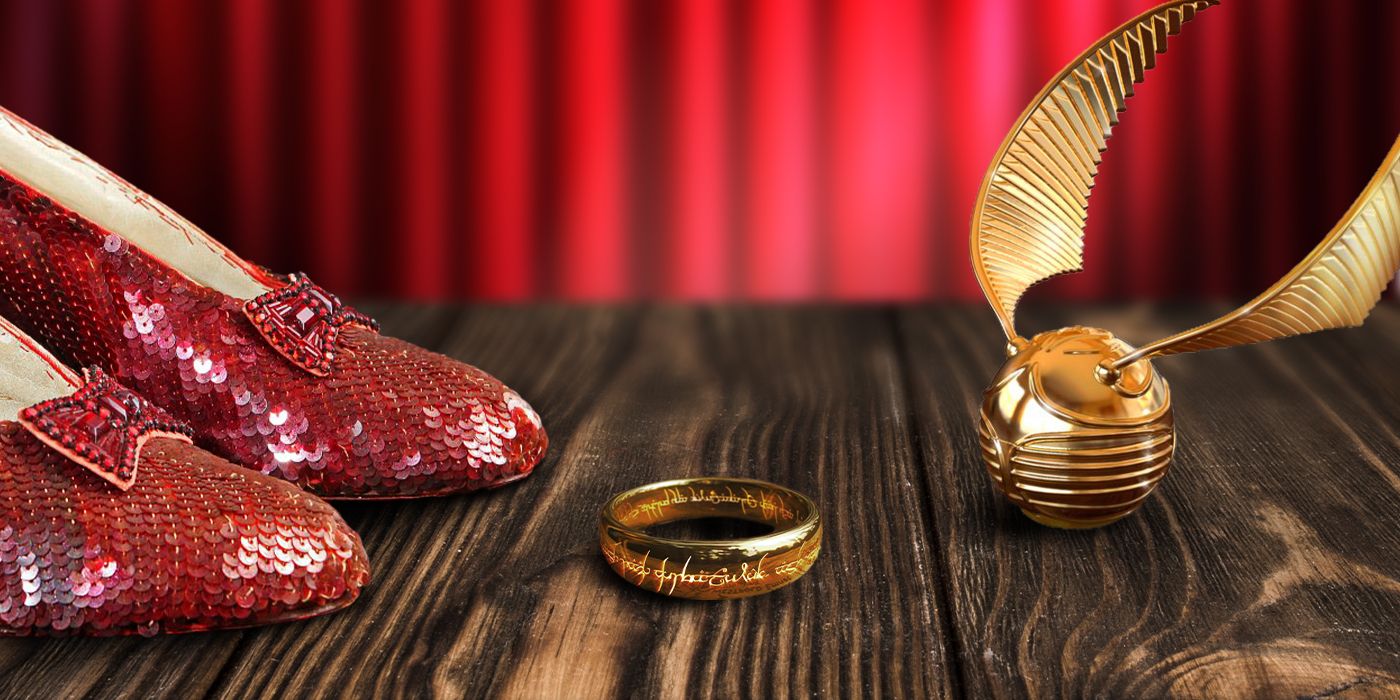 Ruby slippers from The Wizard of Oz, The One Ring from The Lord of the Rings, and the Golden Snitch from Harry Potter