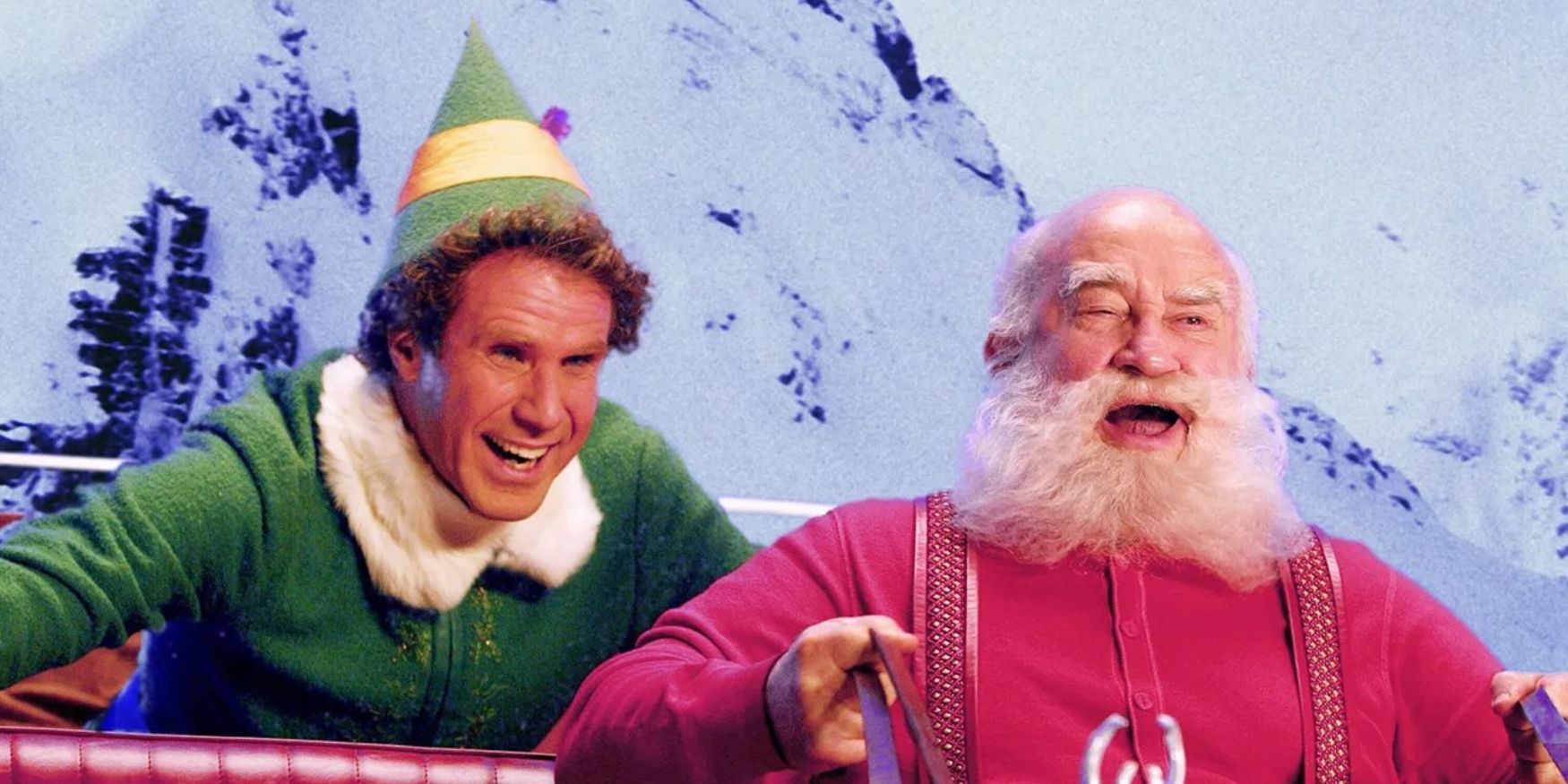 Edward Asner as Santa and Will Ferrell as Buddy riding a sleigh with joy in Elf.