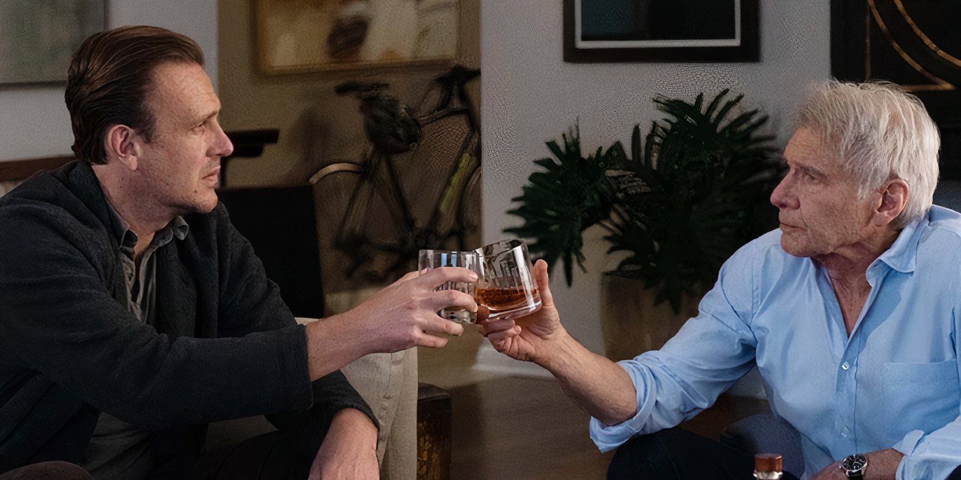 Jason Segel as Jimmy and Harrison Ford as Paul toasting drink glasses in 'Shrinking'.