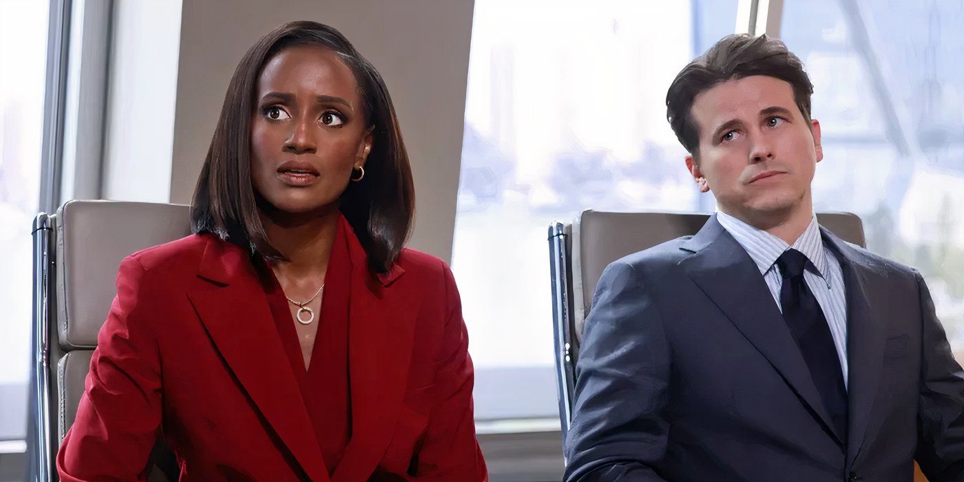 Skye P. Marshall as Olympia and Jason Ritter as Julian at a conference table in 'Matlock'