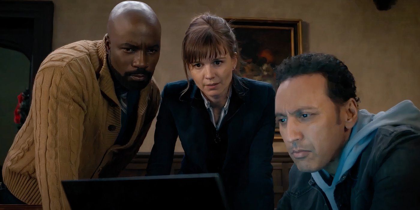 Mike Colter as David, Kate Herbers as Kristen and Aasif Mandvi as Ben looking at a computer in 'Evil'.