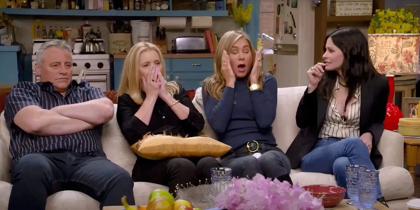 Matt LeBlanc, Lisa Kudrow, Jennifer Aniston, and Courteney Cox react to footage of LeBlanc hurting his shoulder in 2021&rsquo;s Friends: The Reunion.
