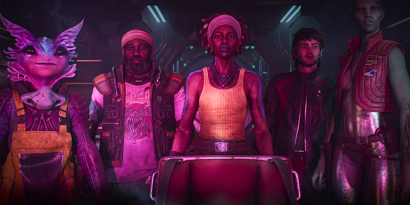 Still of a group of people on a spaceship in pink lighting from Secret Level 