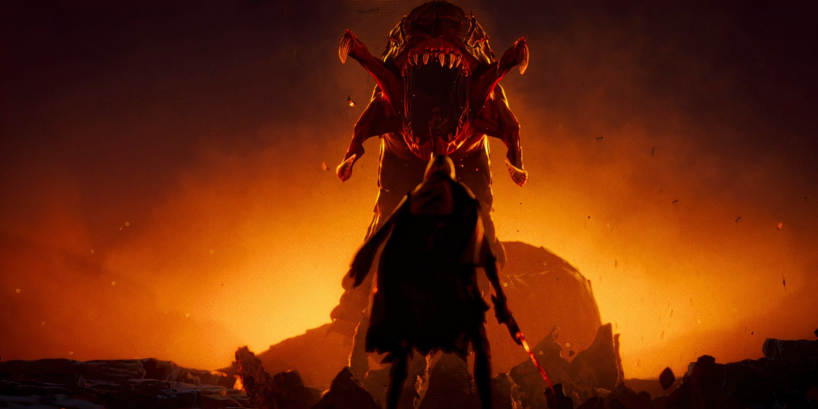 Swordsman, voiced by Aleks Le, faces off with a giant creature in Secret Level.