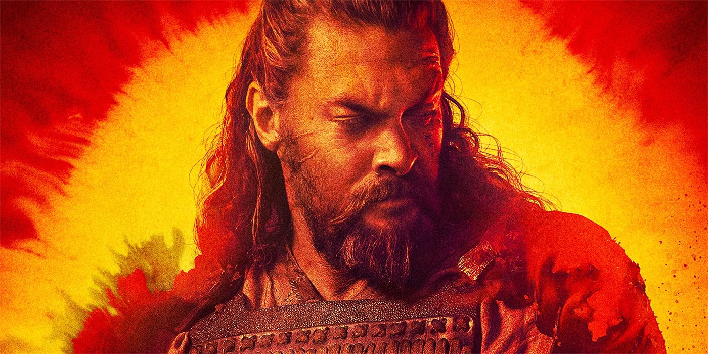 Jason Momoa looking to the side in an orange and red poster for See