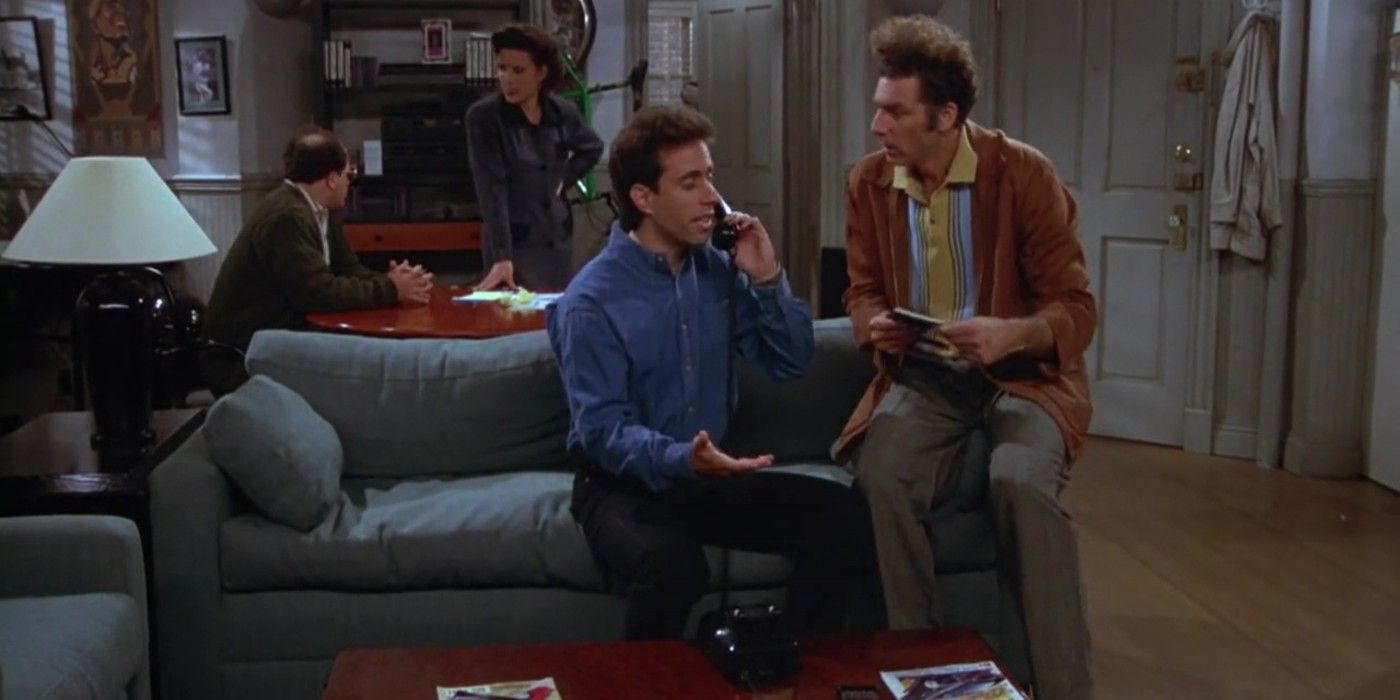George, Elaine, and Kramer with Jerry in his apartment in the 'Seinfeld' episode "The Pick"