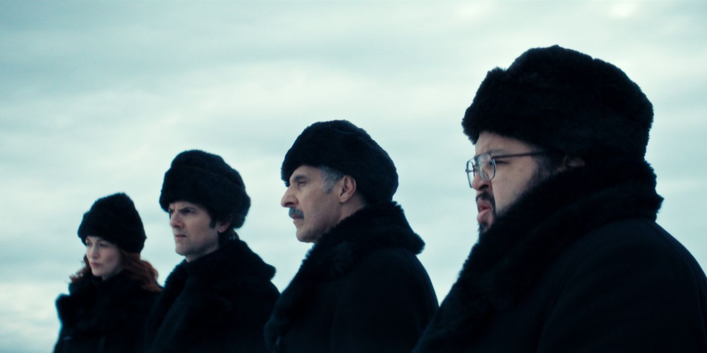 Britt Lower, Adam Scott, John Turturro and Zach Cherry with black fur hat and jackets in Severance Season 2.