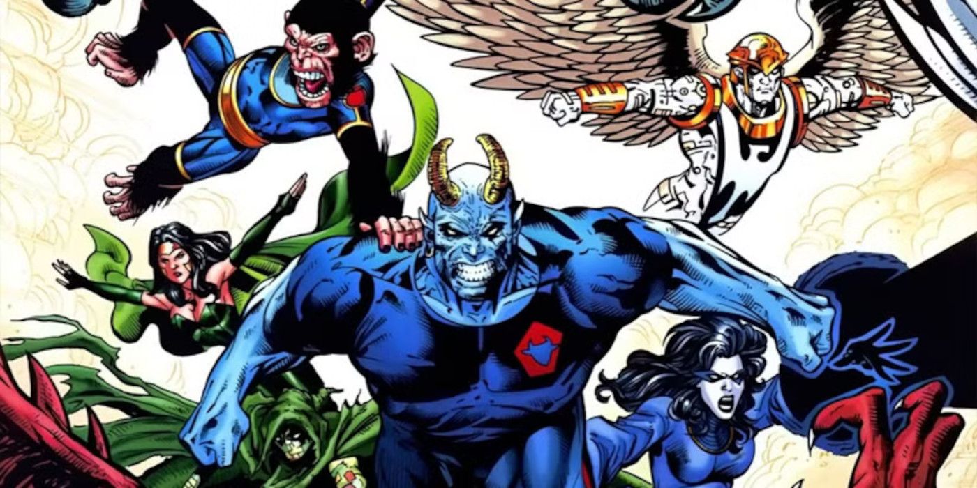 The Superhero team Shadowpact rushes forward into battle