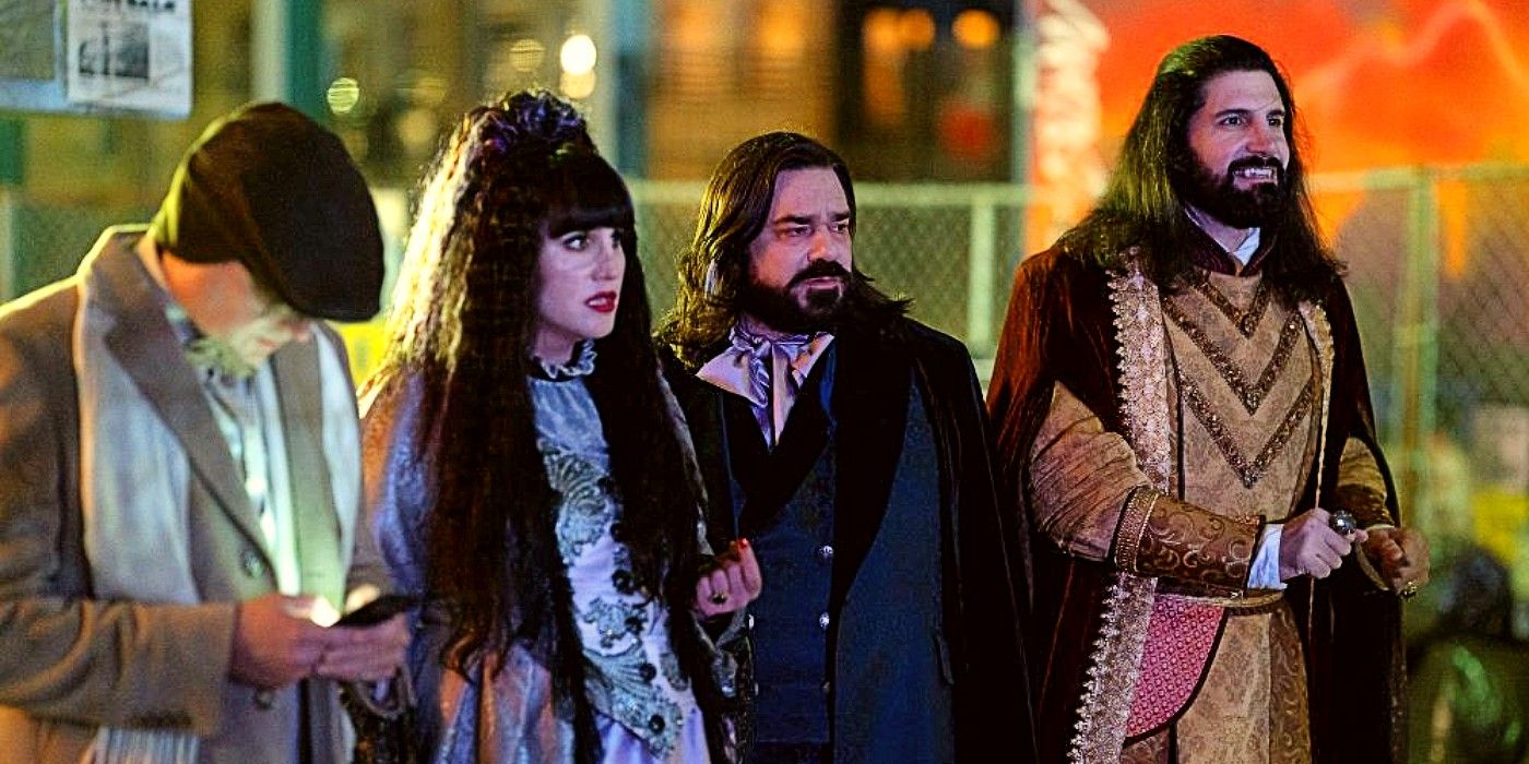 Colin, Nadja, Laszlo and Nandor looking concerned in What We Do in the Shadows WWDITS Season 6.