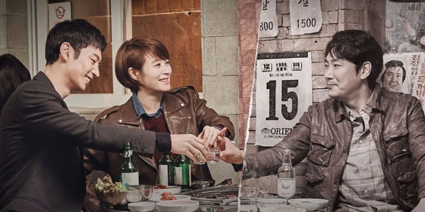 The main cast of Signal hold glasses at a table in a promo picture.