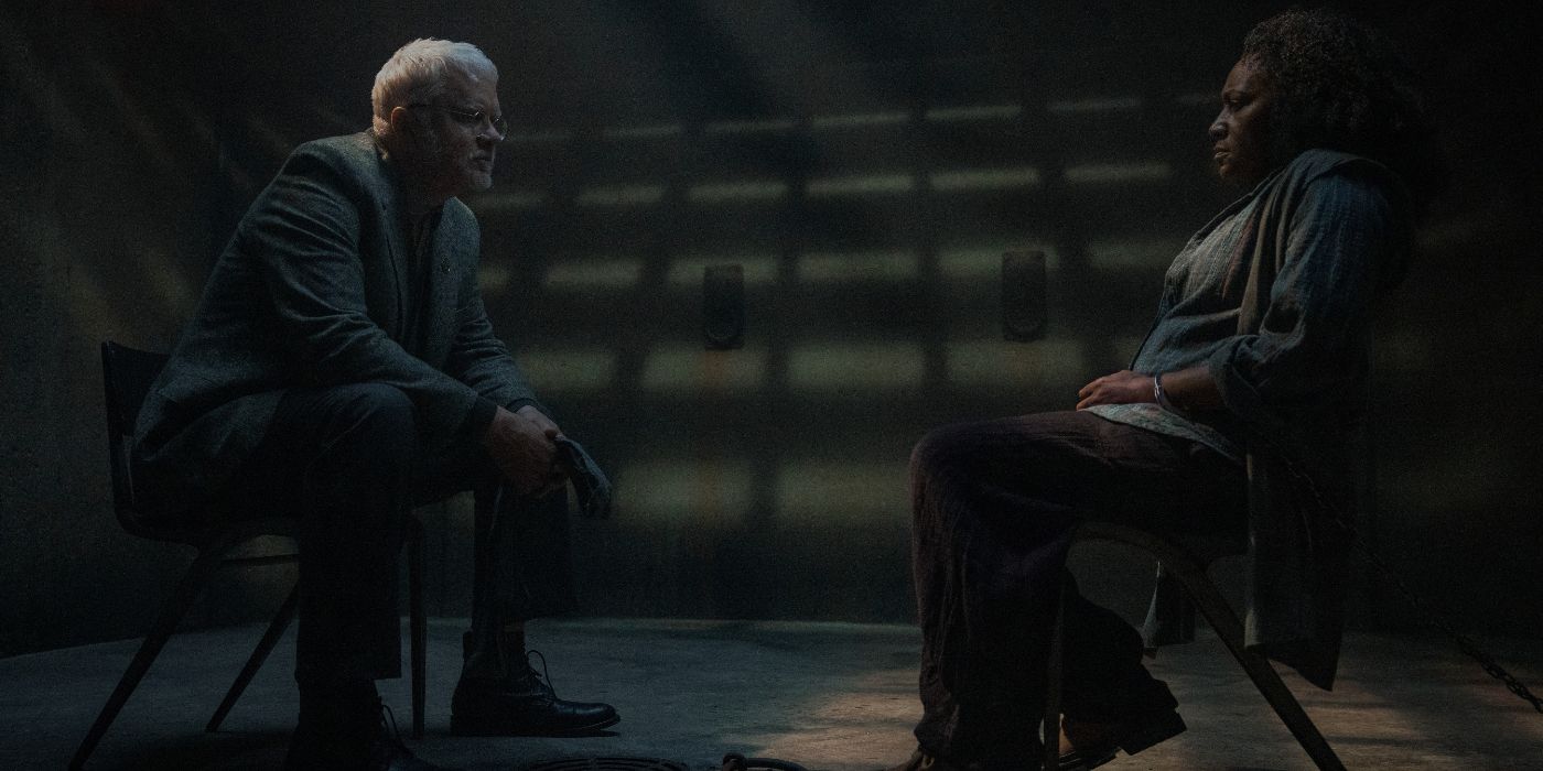 Tim Robbins and Clare Perkins having a face-off in Silo Season 2 Episode 7