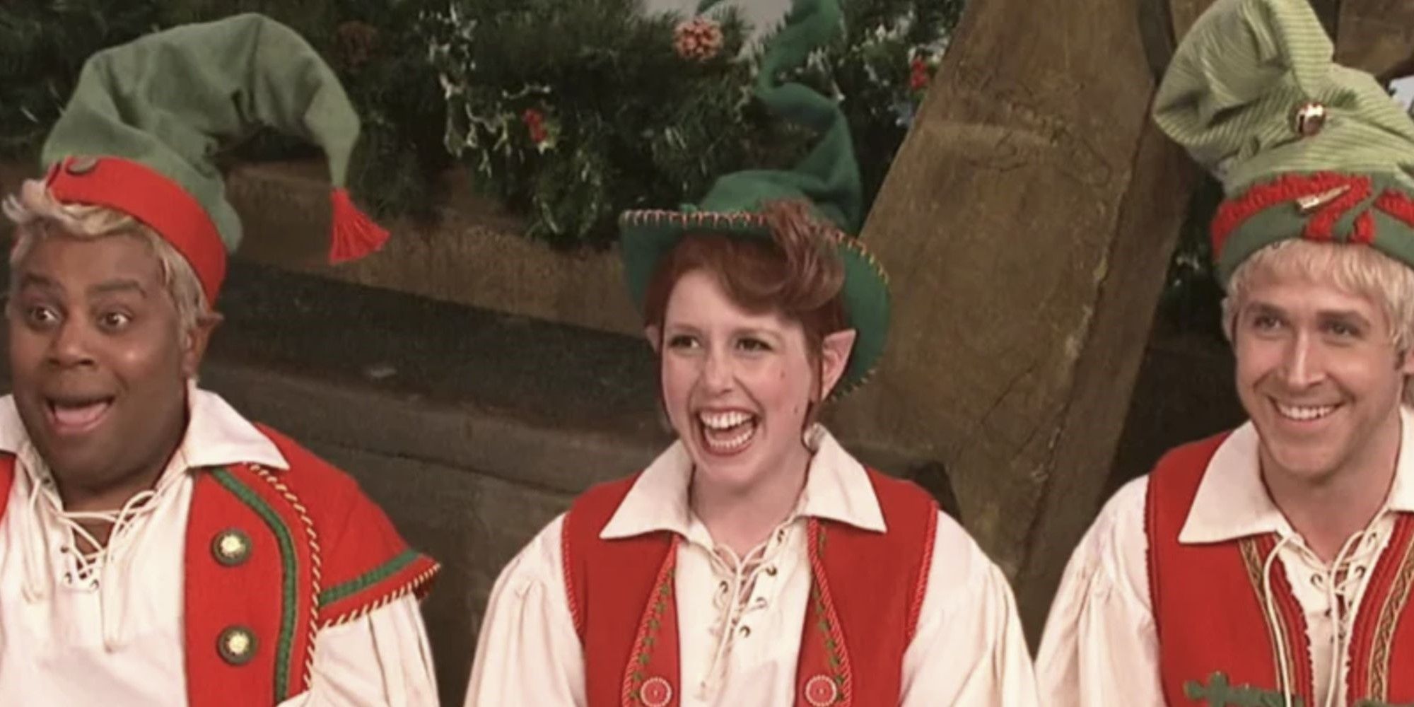 Keenan Thompson, Vanessa Bayer, and Ryan Gosling as Santa's elves on Saturday Night Live.