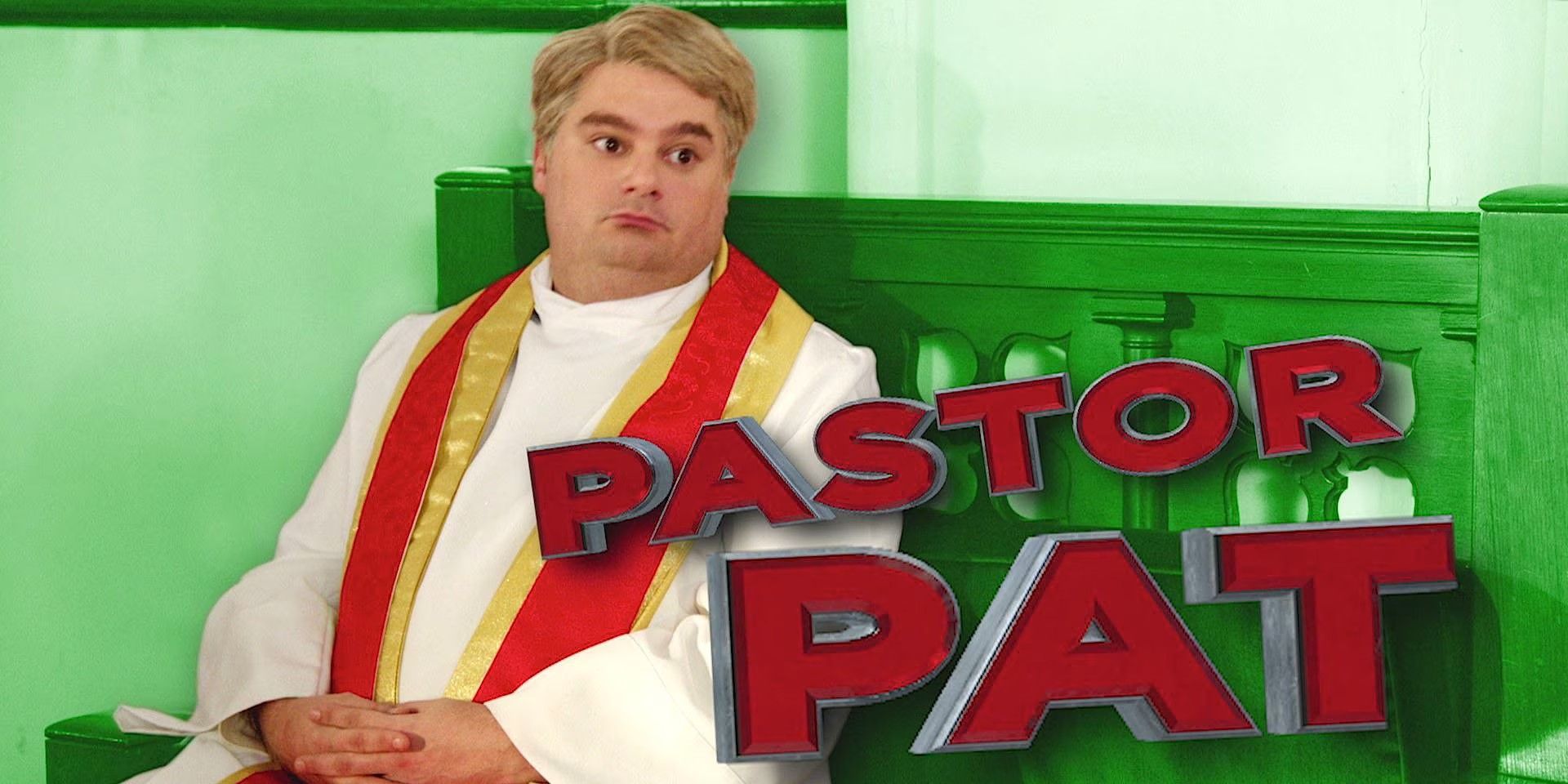 A cast member wears a priest's robe and sits in a church with the text "Pastor Pat" on Saturday Night Live.