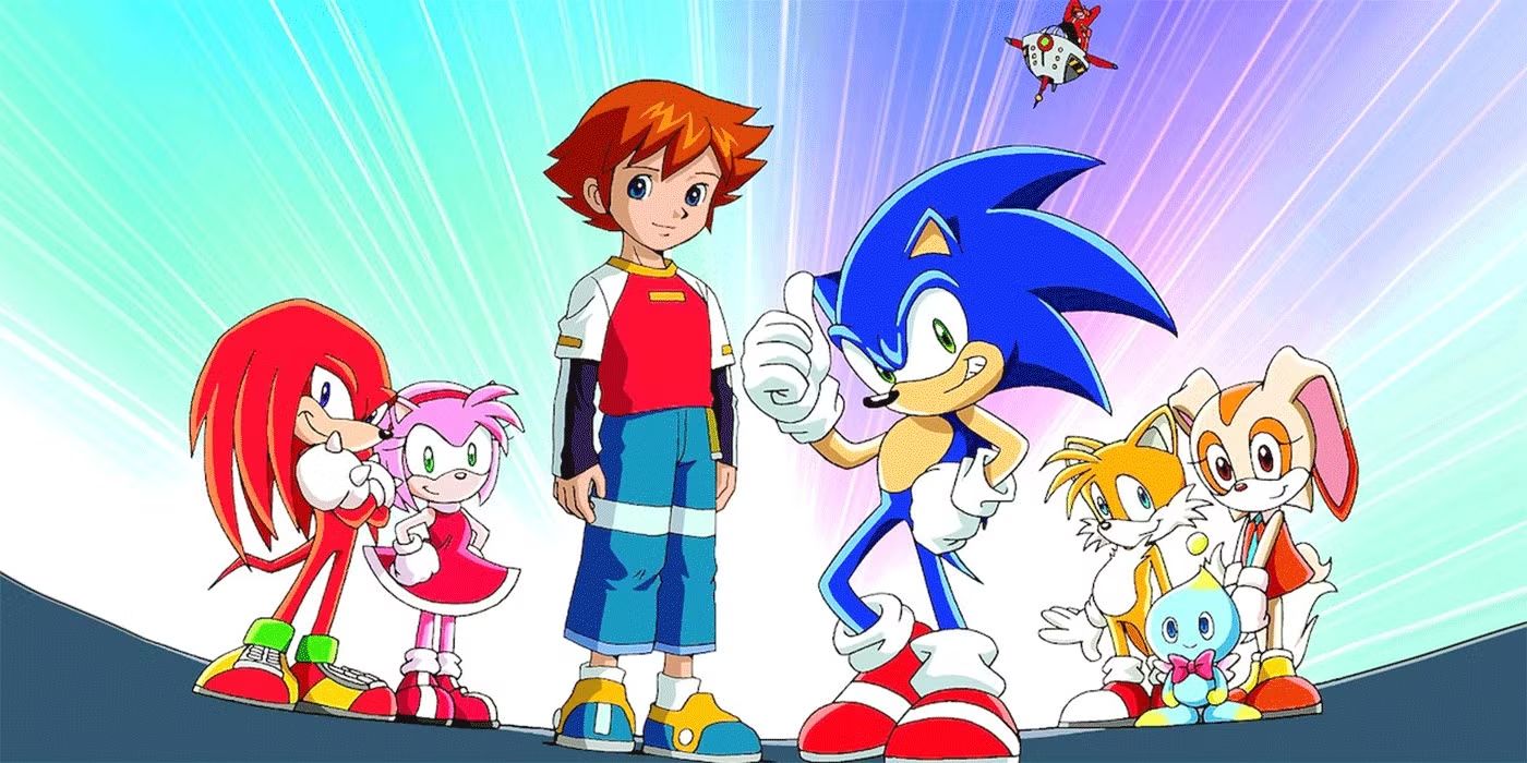 Knuckles (Dan Green), Amy (Lisa Ortiz), Chris (Suzanne Goldish), Sonic (Jason Griffith), Tails (Amy Palant), Cheese (Rebecca Honig) and Cream (Rebecca Honig) on the ground while Dr. Eggman (Mike Pollock) flies in the sky in Sonic X