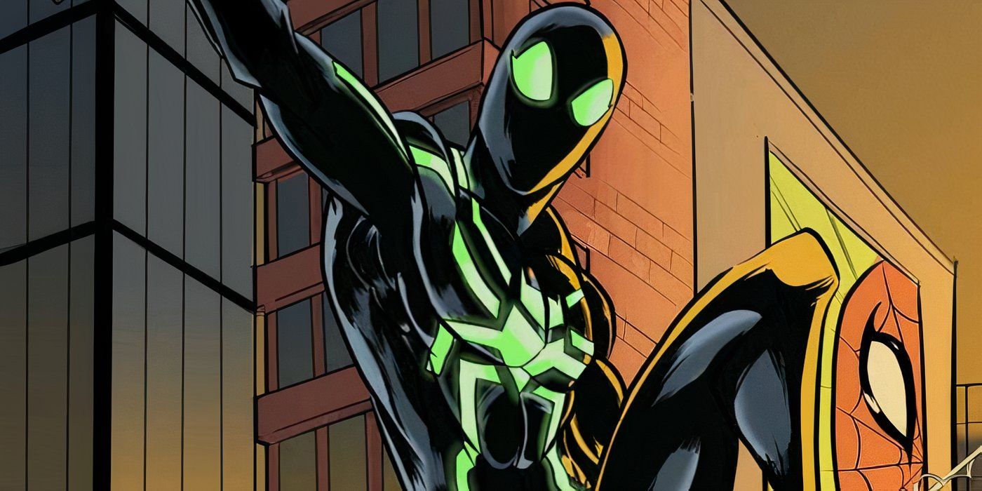 Green Big Time Spider-Man balanceándose en Marvel Comics.